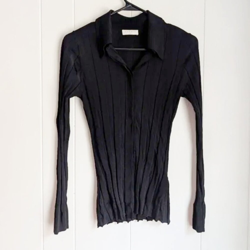 Sandro Paris Ribbed Knit Black Top XS | Designer Long Sleeve SALE CLOSING CLOSET